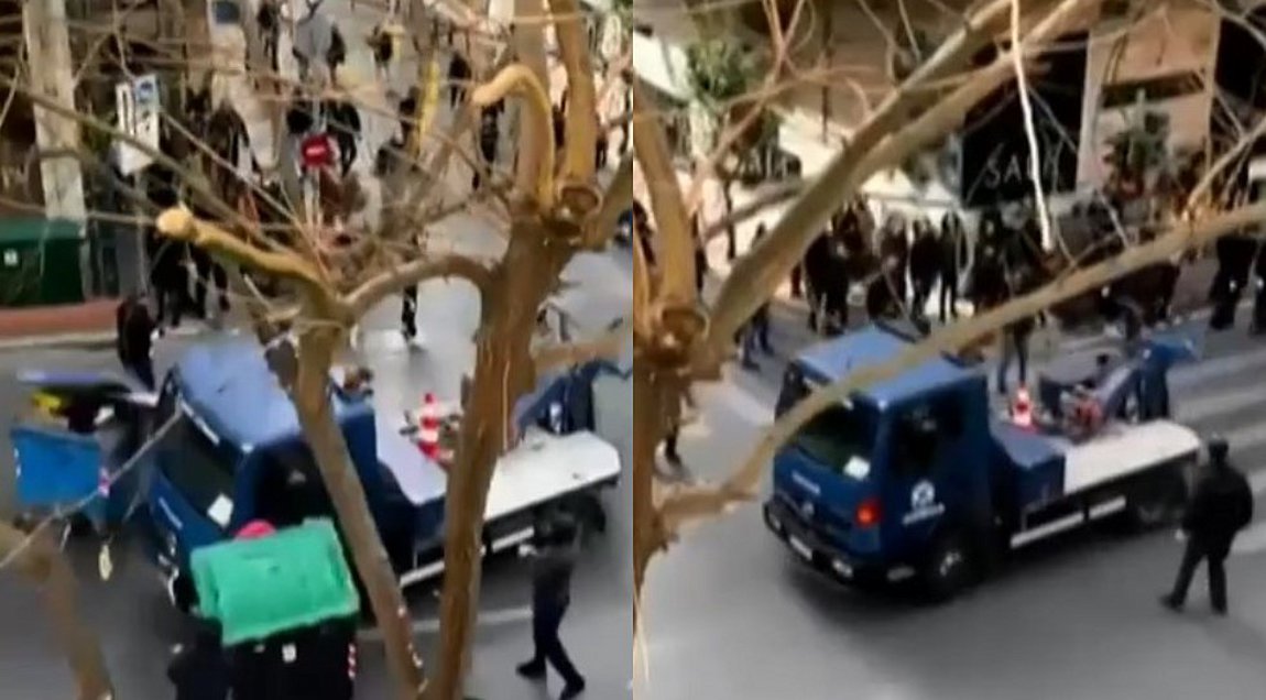Αντιδράσεις για το βίντεο με τον γερανό της αστυνομίας που παρέσυρε κάδο και χτύπησε διαδηλωτή
