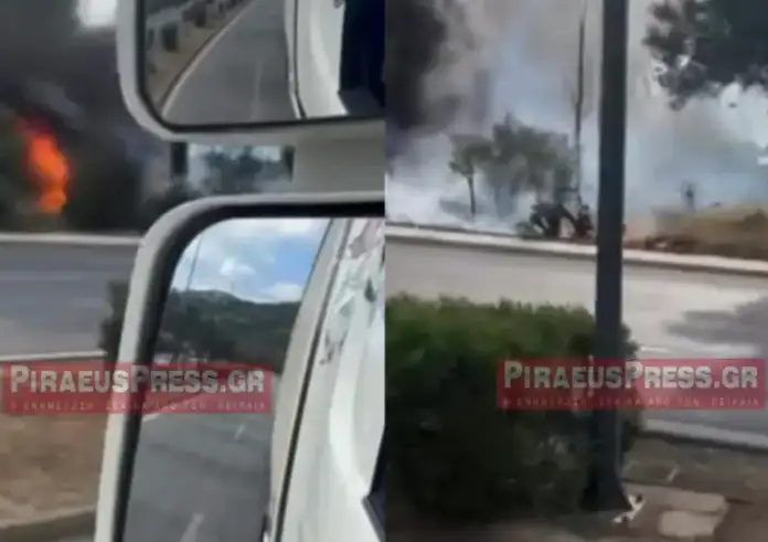 Φωτιά κοντά σε βενζινάδικο στον Σκαραμαγκά – Δείτε βίντεο