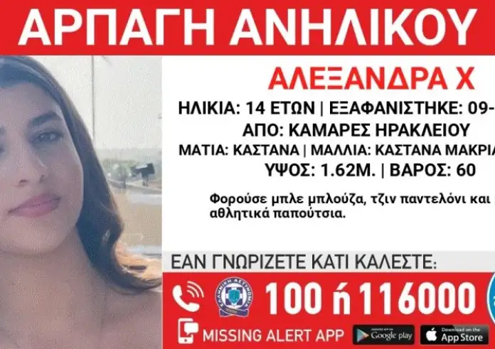 Ηράκλειο: Ανησυχία για την αρπαγή της 14χρονης Αλεξάνδρας