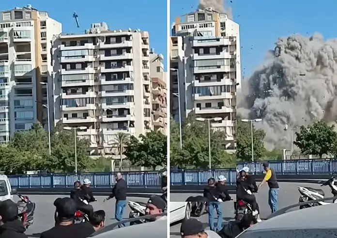 Ισραηλινός πύραυλος χτυπά 11ώροφη πολυκατοικία στη Βηρυτό και εκείνη καταρρέει σε λίγα δευτερόλεπτα – Συγκλονιστικά βίντεο