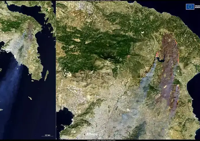 Φωτιά στην Αττική: Δορυφορική εικόνα Copernicus με το μέγεθος της καταστροφής – Στάχτη 85.000 στρέμματα