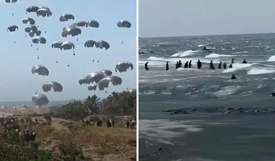 Ποδοπατούνται και πνίγονται στη θάλασσα για να μαζέψουν τη βοήθεια που πέφτει με αλεξίπτωτα στη Γάζα – Συγκλονιστικά βίντεο