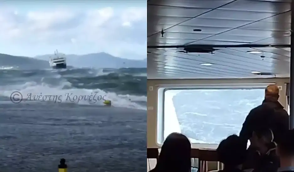Καιρός – Αίγινα: Τα πλάνα από την τιτάνια προσπάθεια πλοίου να δέσει στο λιμάνι – Έσπασε τζάμι