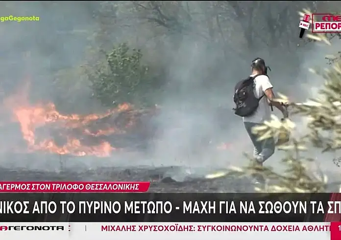 Στον επαρχιακό δρόμο έφτασε η πυρκαγιά στον Τρίλοφο Θεσσαλονίκης