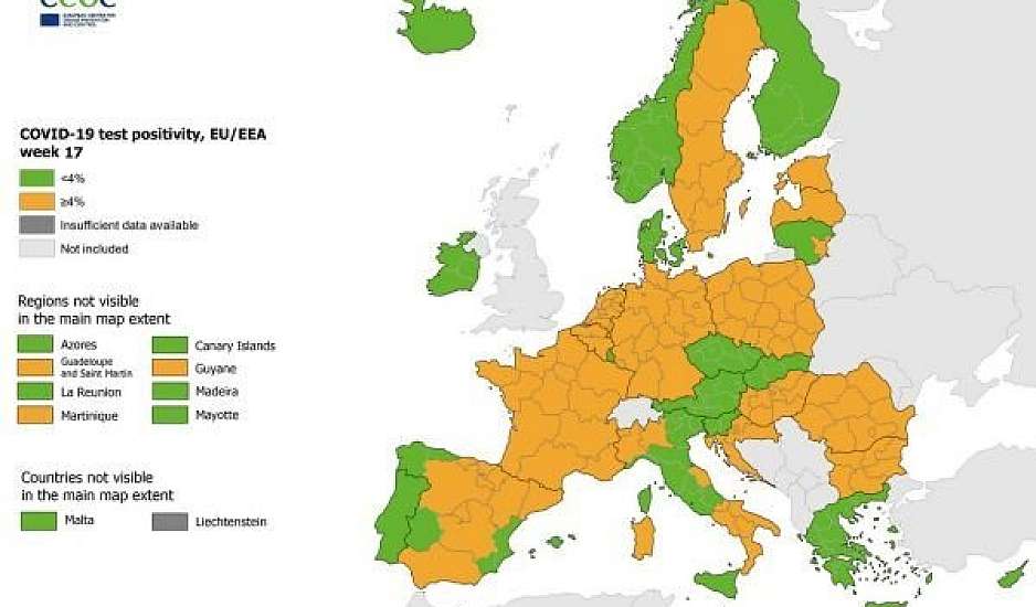 ECDC χάρτες: Στο πράσινο ο δείκτης θετικότητας στην Ελλάδα