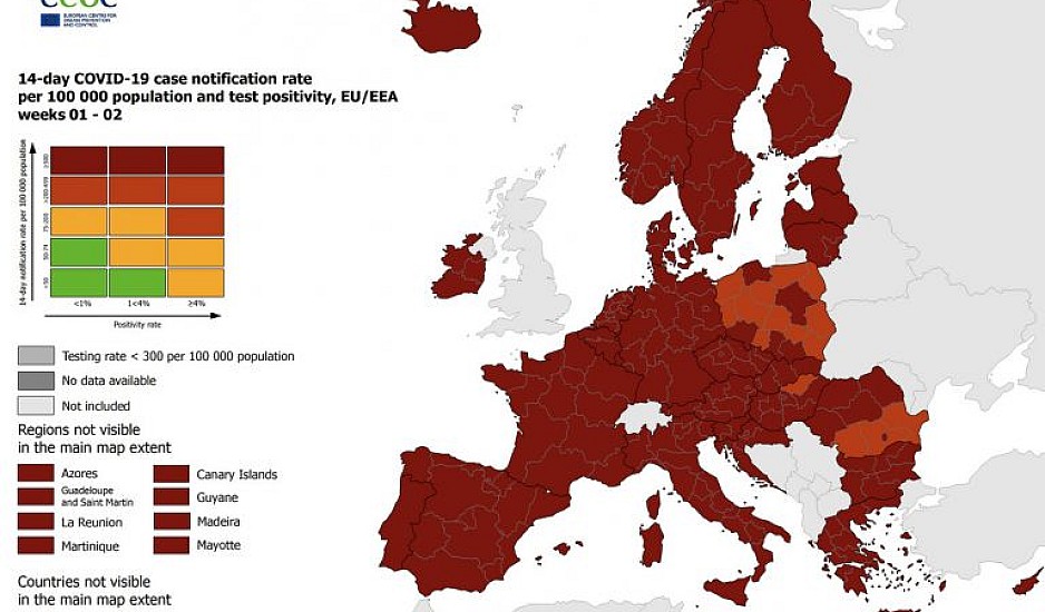 Χάρτες ECDC: Στο βαθύ κόκκινο σχεδόν όλη η Ευρώπη – Στην ίδια κατάσταση και η Ελλάδα