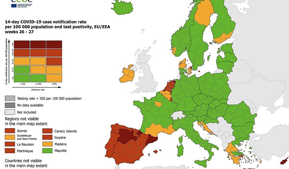 ECDC: Eπιδείνωση στην Ελλάδα δείχνουν οι νέοι χάρτες - Στο κόκκινο Αττική και Κρήτη