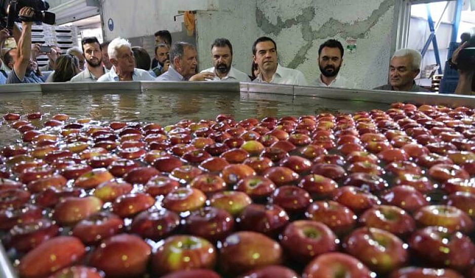 Ο Τσίπρας επισκέφτηκε συνεταιρισμό του Πηλίου και δοκίμασε μήλα τοπικής παραγωγής