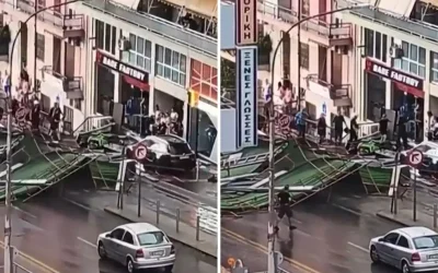 Μπουρίνι στην Αττική: Κατέρρευσε σκαλωσιά πολυκατοικίας στον Πειραιά