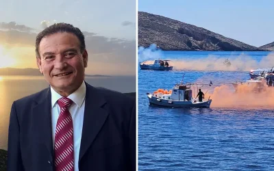 Το τελευταίο «αντίο» στον δήμαρχο Φούρνων, Δημήτρη Καρύδη, με κόρνες πλοίων και καπνογόνα